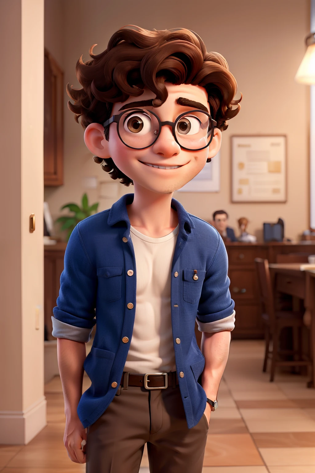 Brunette man with short curly hair with round glasses, famous model taking photo