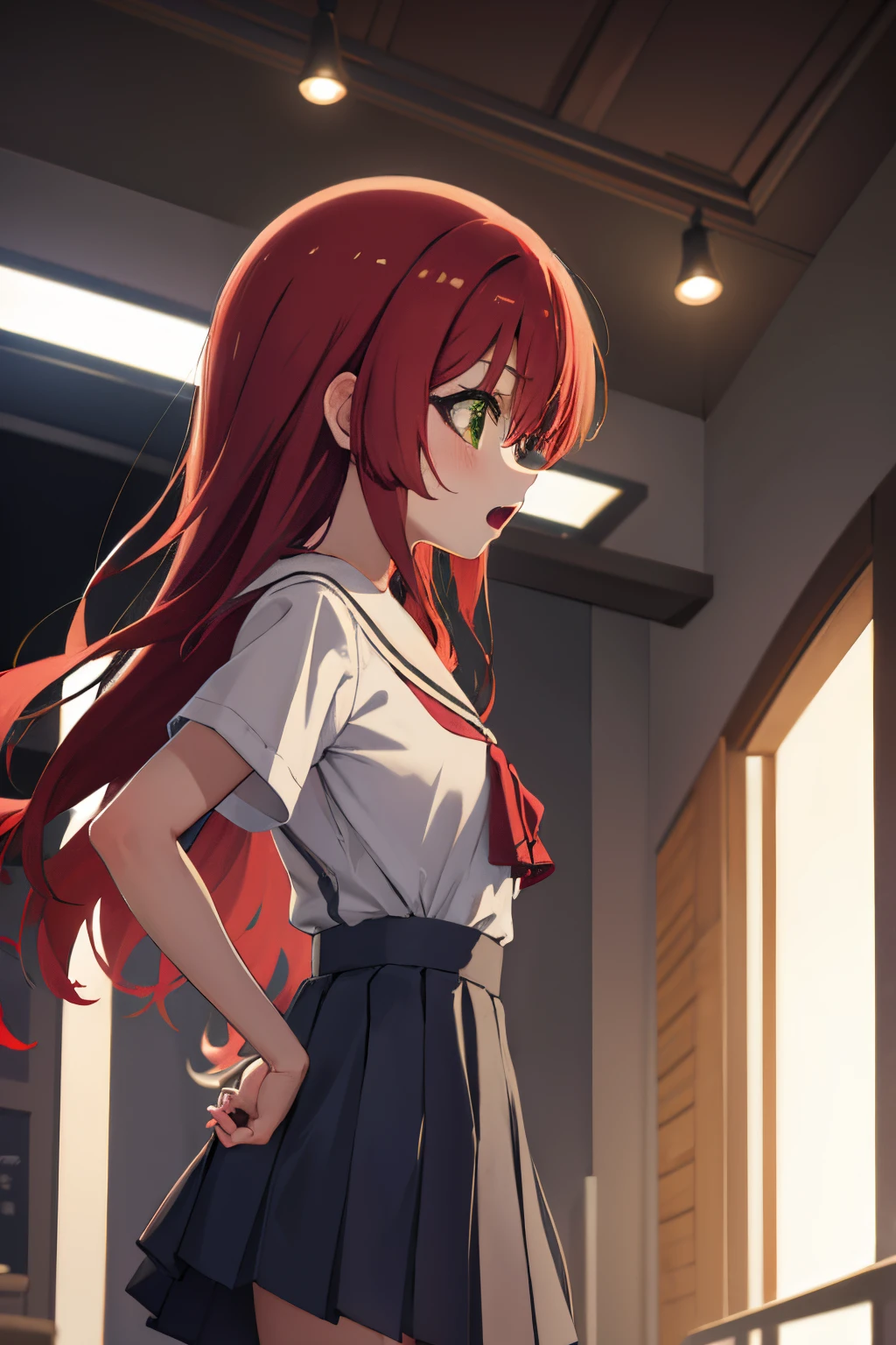 kitaikuyo, ikuyo kita, (green eyes:1.5), hair between eyes, long hair, one side up, red hair, (flat chest:1.2),
BREAK black footwear, black skirt, grey sailor collar, pleated skirt, sailor collar, school uniform, shoes, short sleeves, shuka high school uniform, skirt,,
BREAK looking at viewer,
BREAK indoors, classroom,
BREAK (masterpiece:1.2), best quality, high resolution, unity 8k wallpaper, (illustration:0.8), (beautiful detailed eyes:1.6), extremely detailed face, perfect lighting, extremely detailed CG, (perfect hands, perfect anatomy),up chest.big breasts.Sad face.open mouth.put hands on the hip.Looking from the side