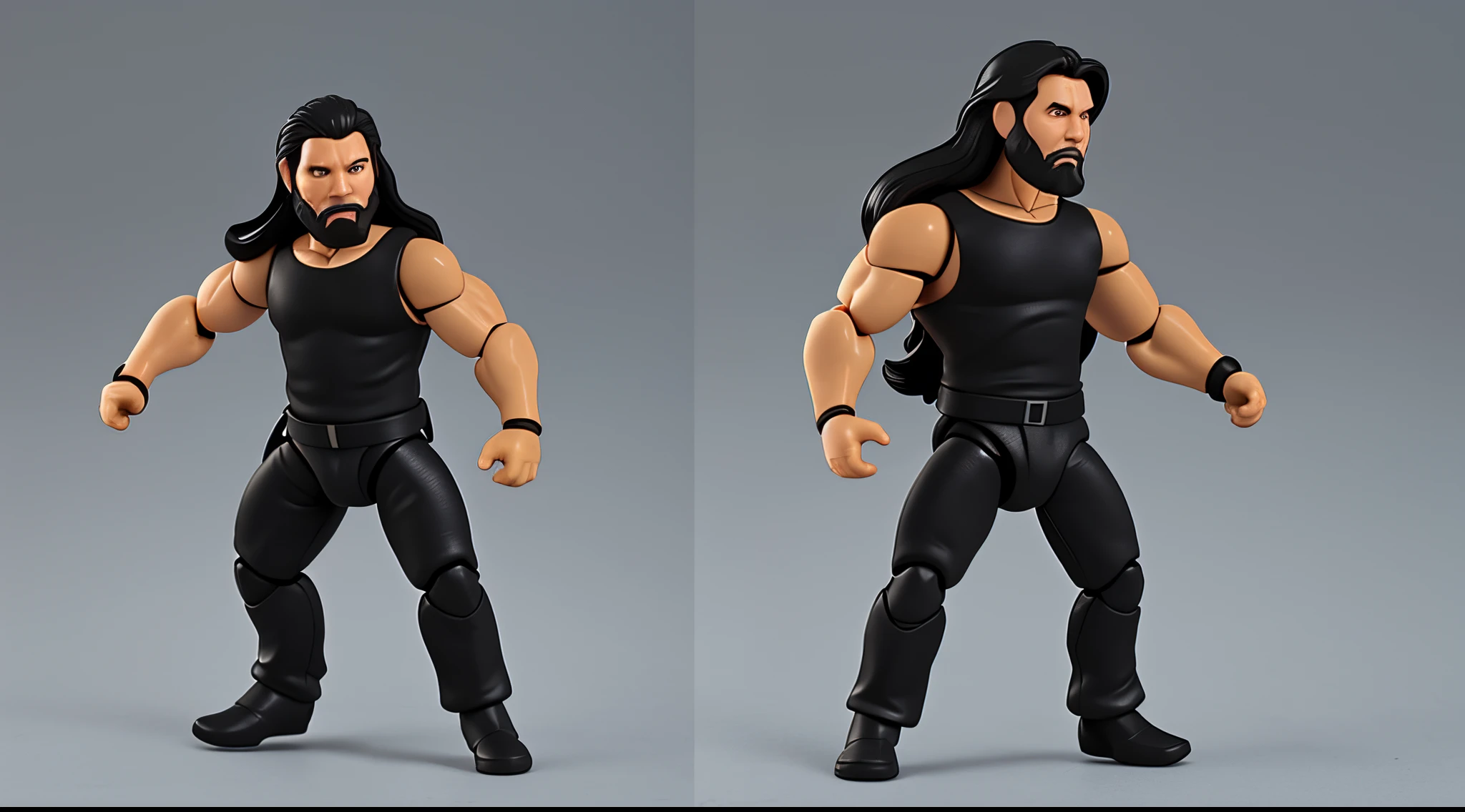 1 Man solo, he has a short black beard and he has black flowing hair. Action Figure. One solo action figure