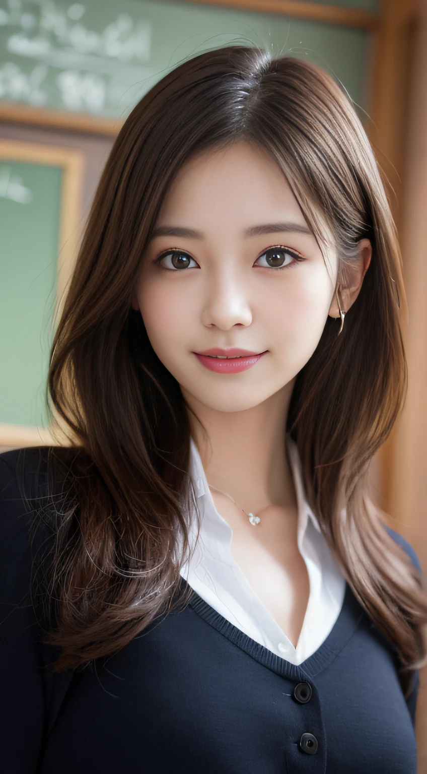 masutepiece, Best Quality, Illustration, Ultra-detailed, finely detail, hight resolution, 8K Wallpaper, Perfect dynamic composition, Beautiful detailed eyes, Suits,Medium Hair, Natural Color Lip, Random and sexy poses,Smile,Classroom、20 years girl、Lifelike face、real looking skin、Realistic eyes、cute little