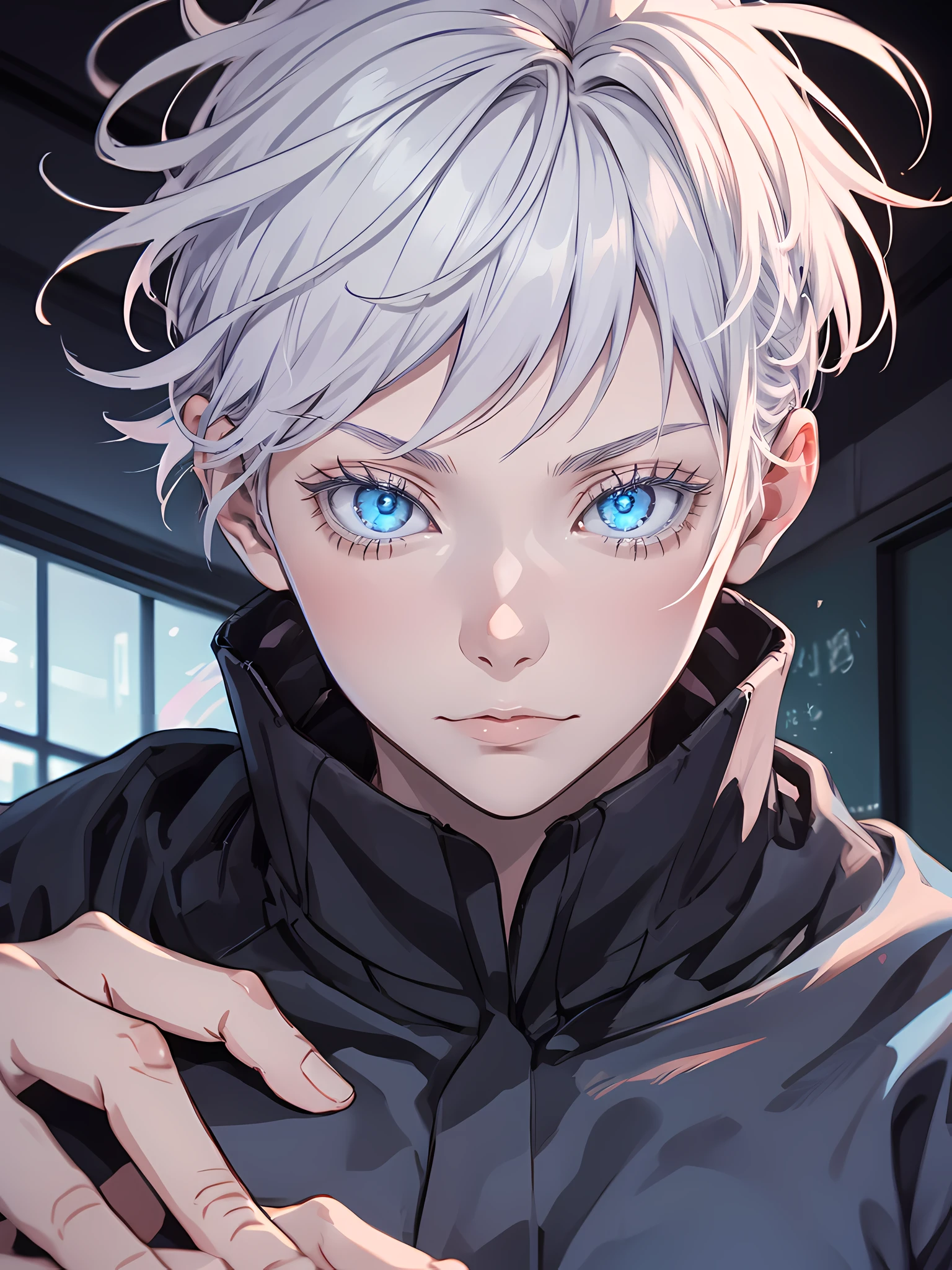 Woman, famale version, female, couple, jujutsu kaisen, white hair, hair bun, white eyebrows, white eyelashes, light blue eyes, wearing black shirt, black clothing, classroom, high quality, 4k resolution, anime