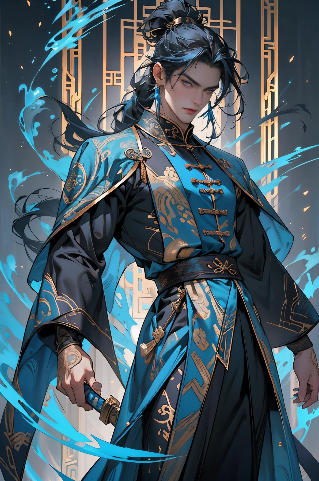A middle-aged Chinese man,Handsome face,standing full-body,long blue hair on shoulders,(Whole-body proportions),style of anime,(Male Taoist),(Whole-body proportions)proportions are correct,Face details,(red glowing eyes),malancholic look,High ponytail hairstyle,Neck details,Gold pattern,Detailed pubic hair,Blue and black robes,Blue and black robes,clothes details,longer sleeves,Game quality,sword fight,Light and shadow tracking,ray traycing,Detailed glow,cg render,hair detail,(blue long hair),middle parted bangs,blue colored eyes,(golden exquisite pattern)Handsome,Handsome,(Middle age),Clothing is complicated,Perfectcomposition,Refinement,high high quality,More detailed,A lot of detail,The background is complex,a sense of atmosphere,solid black background,high high quality,Douluo Dalu concept,Tang San,water elemental