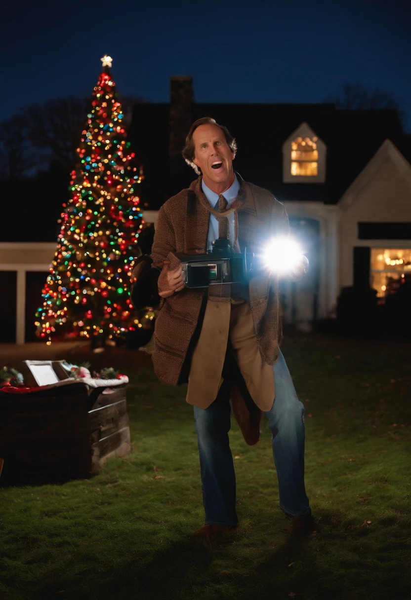A video of Clark Griswold attempting to set up an elaborate outdoor projector display, but comically getting tangled in the wires,Christmas Vacation,Clark Griswold, as portrayed in “Christmas Vacation,” is the epitome of an enthusiastic and ever-hopeful family man, driven by a relentless desire to create the perfect holiday experience. His appearance is that of the quintessential suburban dad: often seen sporting a light sweater, casual slacks, and a slightly disheveled look, reflecting his well-intentioned, yet often chaotic attempts at holiday preparations.