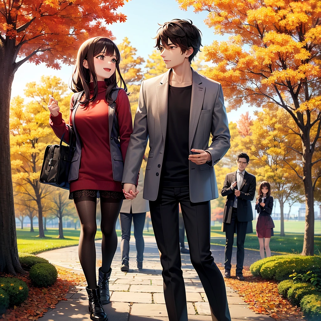 autumn leaves, in the park, good weather, beauty sunshine, a lot of couple, very happy in time, wonderful holiday.