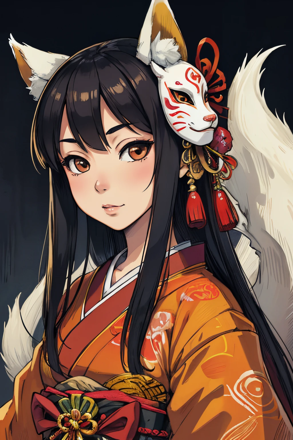 Arte de salpicaduras, portrait of a beautiful girl in traditional Japanese KITSUNE mask with ribbons, , magica, fotorrealista, por DKCW