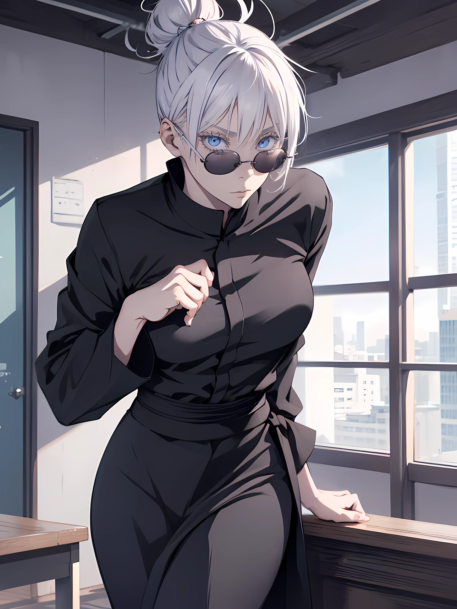 Woman, famale version, female, solo, alone, jujutsu kaisen, white hair, hair bun, white eyebrows, white eyelashes, light blue eyes, detailed eyes, wearing round sunglasses, wearing black shirt, black clothing, classroom, high quality, 4k resolution, anime