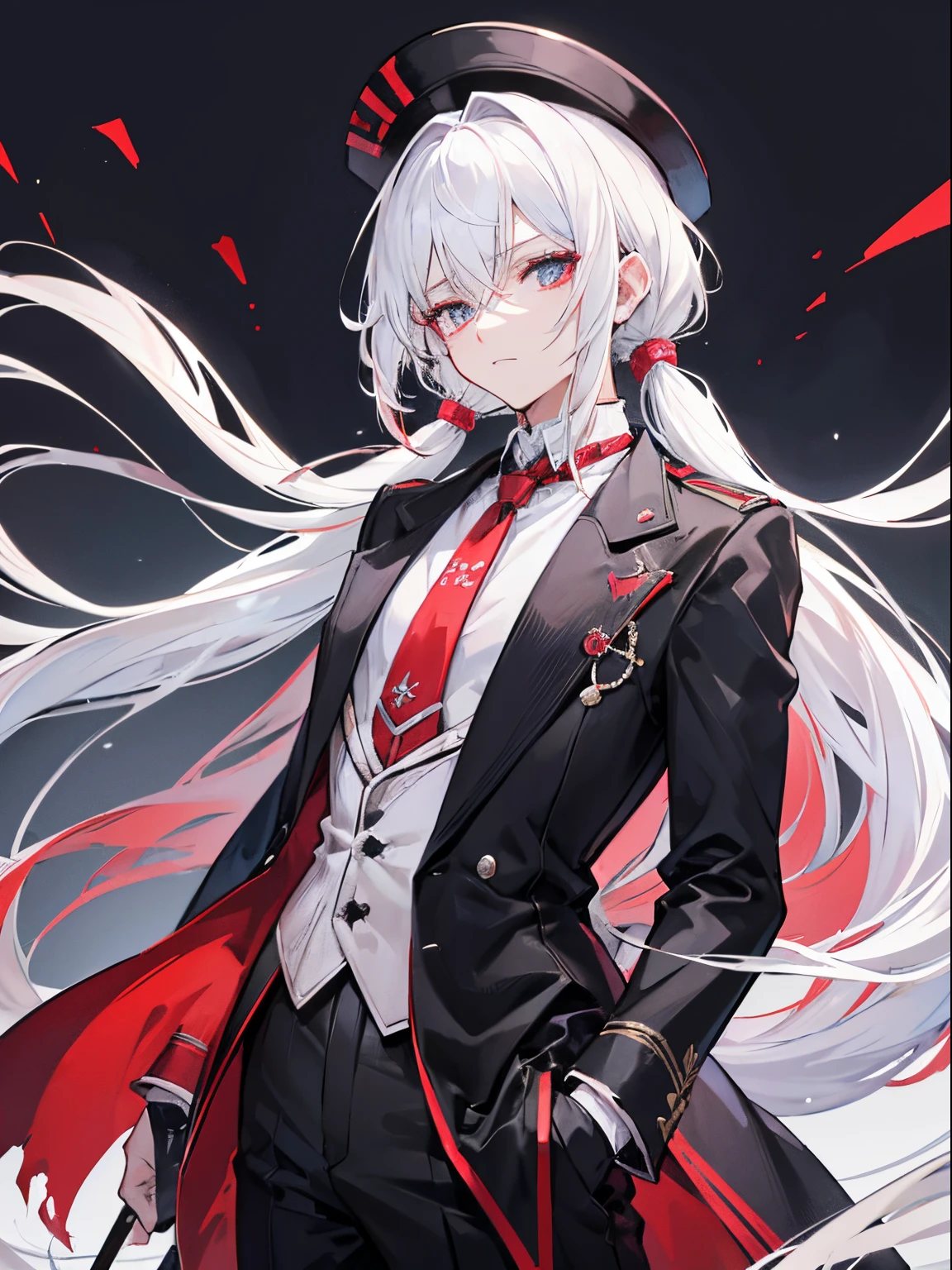 (Highest quality,Super detailed,Realistic:1.37),A boy with white hair and dark red eyes,Wearing a black suit,It gives off a dark aura. He seems to have both human and demonic qualities., With sharp devilish features. He wears an earring in one ear, This adds to his mysterious and attractive appearance.. The hair and eyes are also very detailed., Capture the intensity of each hair and red eye. The overall image should have a Realistic and photoRealistic quality, Vibrant colors accentuate the contrast between the boy's appearance and the dark atmosphere.. The lighting should be dramatic., Use shadows to add depth to character features. The art style can be a mix of concept art and anime, blending Realistic elements with a touch of fantasy. The image should have a dark and moody tone, Enhances the mystical and supernatural atmosphere.