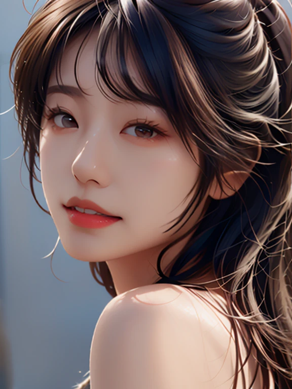 top-quality、masterpiece、超A high resolution、(Photorealsitic:1.4)、Raw photo、max beauty, seleblity,Open your eyes wide、astonished face、1girl in、off shoulders、suns、deep-shadows、lowkey、cold light、huge smile