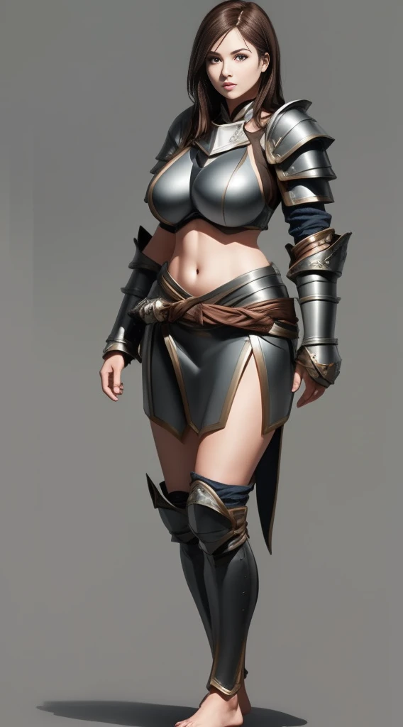 1girl full body, barefoot, standing straight, looking to the viewer, bikini armor, big breast chestplate silver armor, long hair, white skin, thighs, crossing legs, 1solo milf woman,chestplate cover with both hands, bedroom background