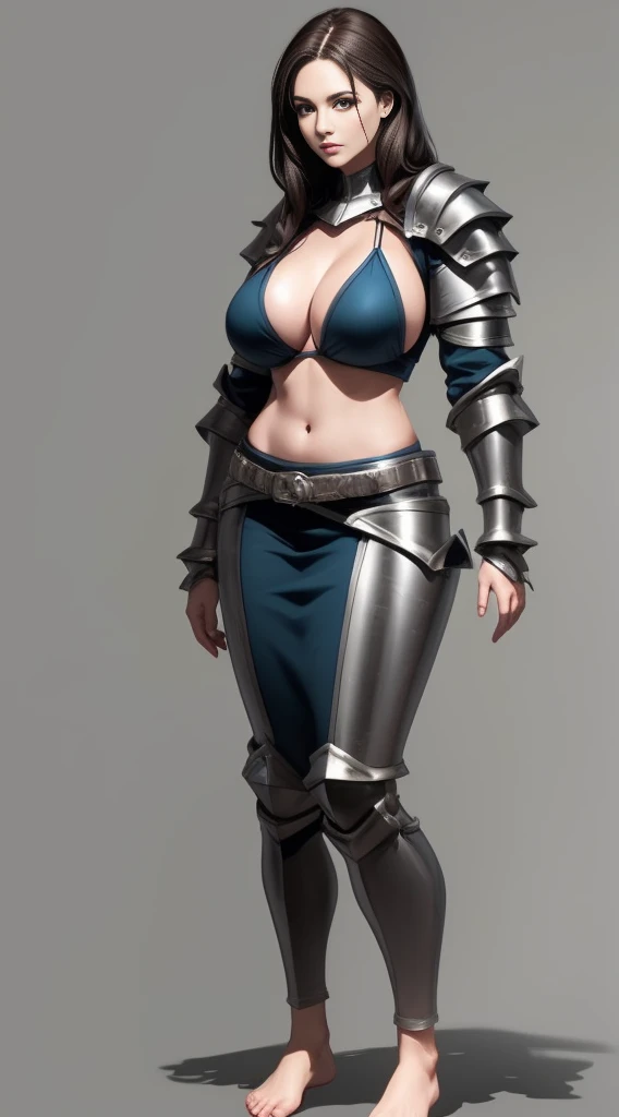 1girl full body, barefoot, standing straight, looking to the viewer, bikini armor, big breast chestplate silver armor, long hair, white skin, thighs, crossing legs, 1solo milf woman,chestplate cover with both hands, bedroom background