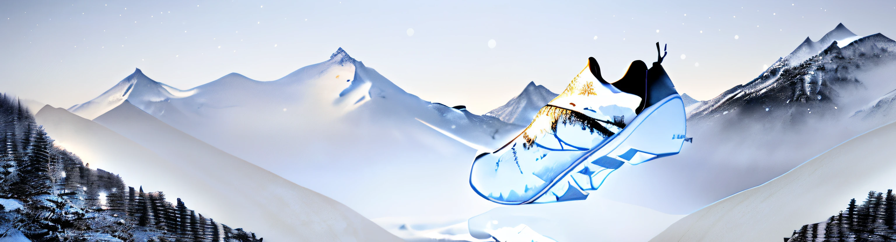 (a huge brown travel shoe),(shoes on snow),(rising snowflakes),tmasterpiece,Best quality。,extremely beautiful reflection,best reflection,(Very detailed GG unified 8k wallpaper)(Best quality at best),(The best illustrations),(The best shadow),Snow mountain theme and natural elements,Tall trees,(A winding mountain road),Surrounded by delicate snowflakes,(nature elements),(Snow mountain theme),(Snowy mountains in the distance),Octagon rendering,Ray traching。ultra - detailed,Cinematic light and shadow