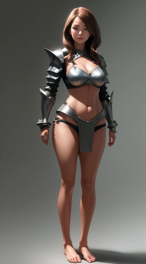 1girl full body, barefoot, standing straight, looking to the viewer, red bikini armor, big breast chestplate silver armor, long hair, white skin, thighs, crossing legs, 1solo milf woman,chestplate cover with both hands, Lisa Ann, bedroom background
