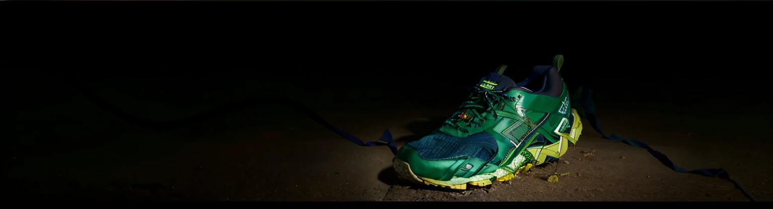 There is a shoe on the green line, The whole pair of shoes is in the picture, Make av gesture with the forefoot, running shoes, half image, peak, hiking, '0 0 s nostalgia, wide angle establishing shot, on a dark background, full height view, hiking clothes, victor, Width 768, banners, 6 : 3 am