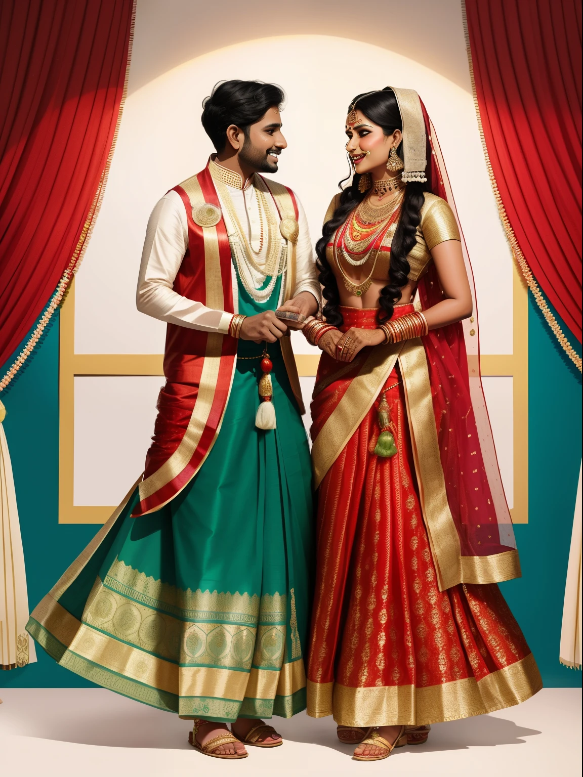 a couple of indian people in traditional clothes, indian, wearing traditional garb, bride and groom, traditional clothing, traditional clothes, celebrating an illegal marriage, traditional dress, marriage, wearing a sari, cartoon image, happy couple, cartoon style illustration, traditional drawing style, flat illustration, wearing ornate clothing, lovely couple, cartoon illustration, dressed in a sari, wearing authentic attire