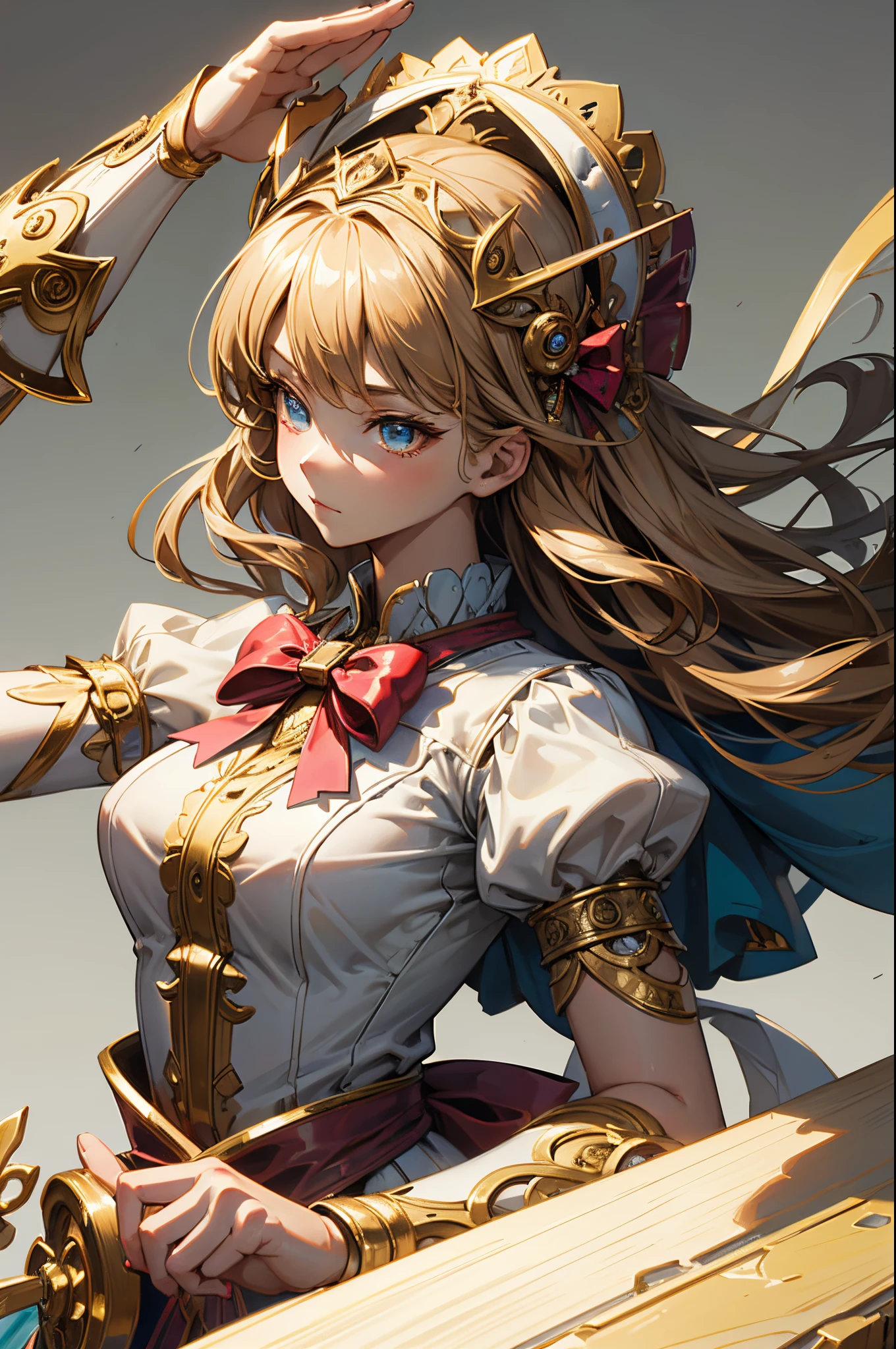 1个Giant Breast Girl, tmasterpiece, Best quality at best, 10, Detailed skin texture, Fine cloth texture, beautiful detailed face, intricately details, hyper-detailing, Alice in Wonderland, (There is a bow on her head.:1.1), The upper part of the body,perfect hand,Normal hands