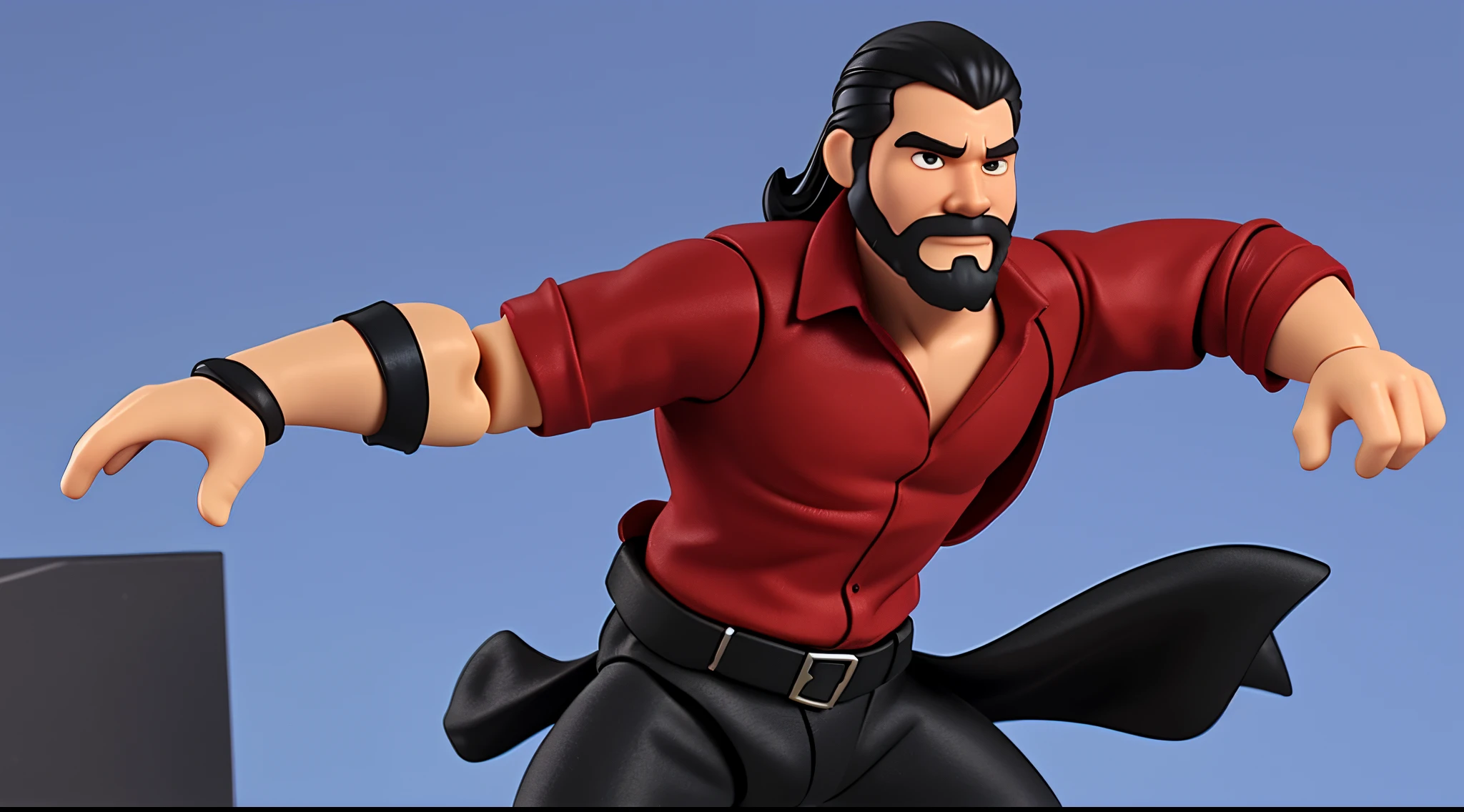 1 Man solo, he has a short black beard and he has black flowing hair. Action Figure. One solo action figure. Red shirt