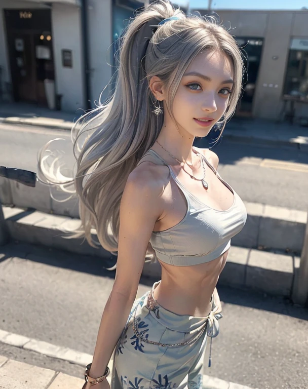 Masterpiece, 8K, photorealistic, ultra realistic, (1girl, solo),
_ 
the most beautiful, European ig idol, 24 years old, 170 cm, (((large breasts:1.2))), (((slender waist, toned thighs, toned arms):1.3)), ((small head, small face:1.2)), diamond Face, small nose, (small mouth), Sharp Faceline, 
_ 
BREAK (((all body, very wide shot):1.4)), walking, from side, look at viewer, Focus face, 
_ 
(black theme and White), Inorganic, Inorganic concrete studio with window, small window, gray concrete block, highly, blur, blur background, front lightning, Cinematic lighting,
_ 
BREAK ((big eyes, Double eyelid, tareme, droopy eyes):1.3), ((smile, small lips, teeth:1.3)), (mole under eye:1.2), (Perl White teeth), ((gray hair)), short hair, (ponytail), asymmetrical hair, Aqua eyes, light makeup, thin eyebrow, shiny skin, detailed skin, detailed face, (detailed face skin), perfect eyes, (detailed eyes:1.3), shiny hair, ultra-detailed fingers,
_ 
BREAK ((Flowy Palazzo Pants:1.4), Cropped Tank Top, ((Lightweight palazzo pants in a breathable fabric, featuring a beachy print like waves or seashells, Pair with a cropped tank top in a coordinating color, Accessorize with a shell necklace and barefoot sandals for a carefree beach style))), (silver earring, silver bracelet, silver necklace:1.2), raw photo,,