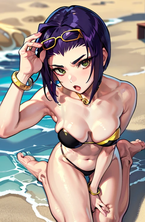 (masterpiece,best quality, detailed), 1girl, solo, :o, outdoors, beach, palm tree, ahegao face, barefoot,
faye valentine, two-tone bikini, o-ring bikini, bracelet, eyewear on head, sunglasses, wariza, from above, arm support, full body,