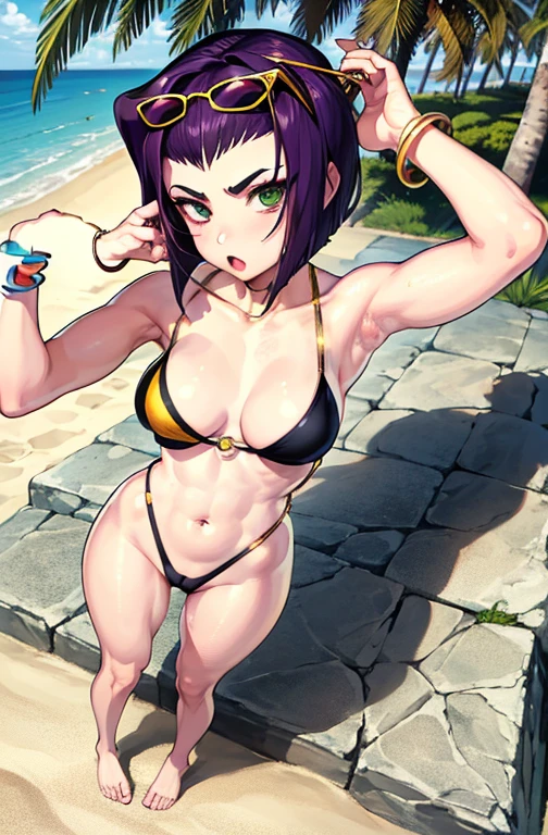 (masterpiece,best quality, detailed), 1girl, solo, :o, outdoors, beach, palm tree, ahegao face, barefoot,
faye valentine, two-tone bikini, o-ring bikini, bracelet, eyewear on head, sunglasses, wariza, from above, arm support, full body,