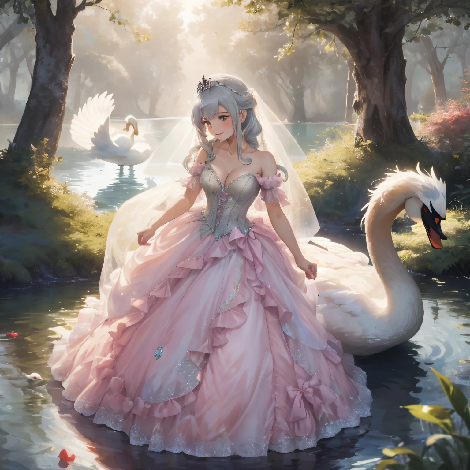 In a forest filled with fantastic light,small lake,11 swans,A small crown rests on a swan'Head of,The human princess in the middle,Fluffy and voluminous hair,silver mixed hair, Light pink and light green,Pure white, glinting, A voluminous dress with frills on the chest,The hem of the dress is long enough to reach the ground.,Her chest is wide open and you can see her cleavage.,Dancing happily with the surrounding swans,Slight red tide,A smile,A silver shining tiara,Translucent veil,