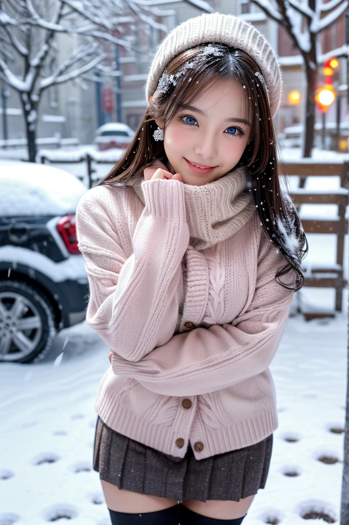 (masutepiece:1.3, Photorealsitic:1.4, 8K), top-quality, ​masterpiece, 超A high resolution, Perfect dynamic composition, Highly detailed skin and facial texture:1.3, A detailed eye, Detailed limbs, Winters, (snowflakes falling:1.2), Snowfall landscape at night:1.2, 1girl in, Cute sexy 19 year old slim woman, Fair skin, (Snow fell on my body and clothes:1.2), ((A smile:0.9, Totally captivates you:1.0)), (Thick short jacket over pink long sleeve mohair knit sweater:1.3, Tweed Mini Skirt:1.1), ((voluptuous breasts:1.05)), Short boots, (Facing the front, bend your knees and squat on the snow), (Beautiful blue eyes, Eyes that feel beautiful eros:0.85), Sexy face:0.4, (A mouthfeel that feels beautiful eros:0.85), ((Too cute beauty:0.9))