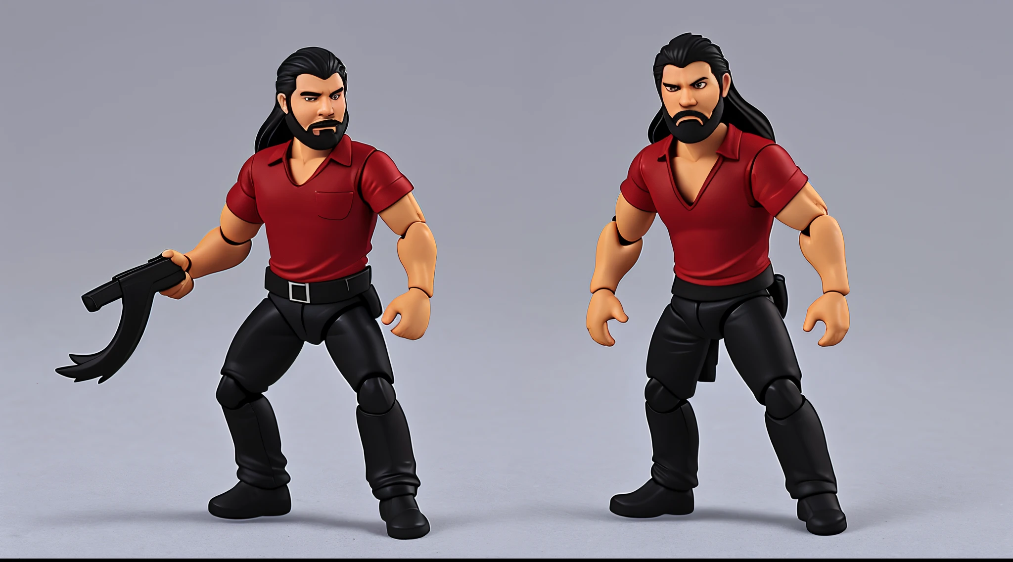 1 Man solo, he has a short black beard and he has black flowing hair. Action Figure. One solo action figure. Red shirt