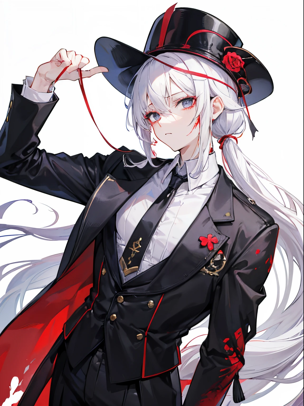 male in his 20s、white hair、poneyTail、tailcoat、neck tie、Hats、Injured、Clothes are torn、Bandage on the arm、Blood all over the body、grim facial expression、Decadent background
