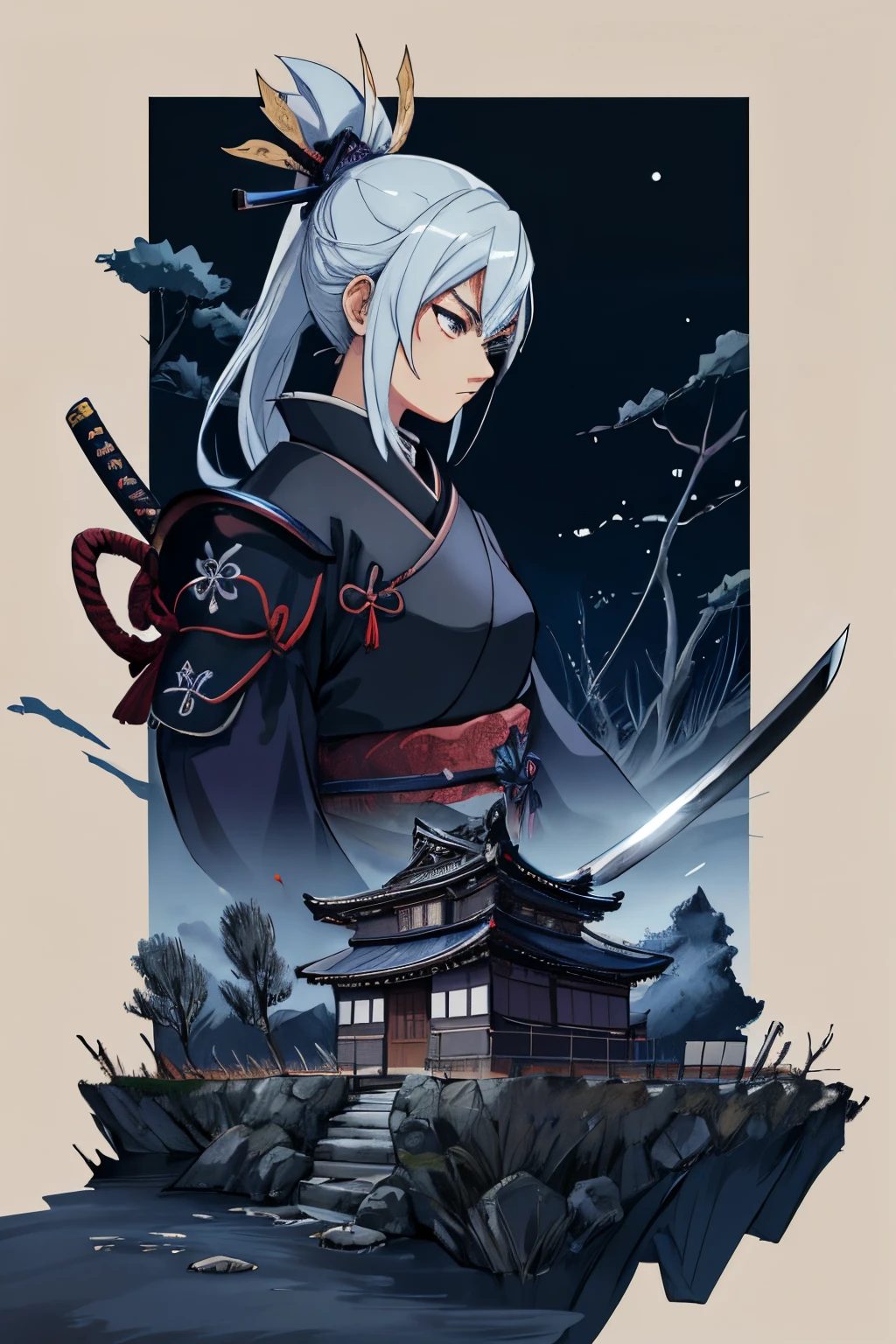 Samurai azul ,caminando en un pueblo,cielo nocturno,luna llena, (Armadura detallada,Katana detallada),(mirada intensa,stoic expression),[Paisaje majestuoso],[aura poderosa],[Experiencia inolvidable]