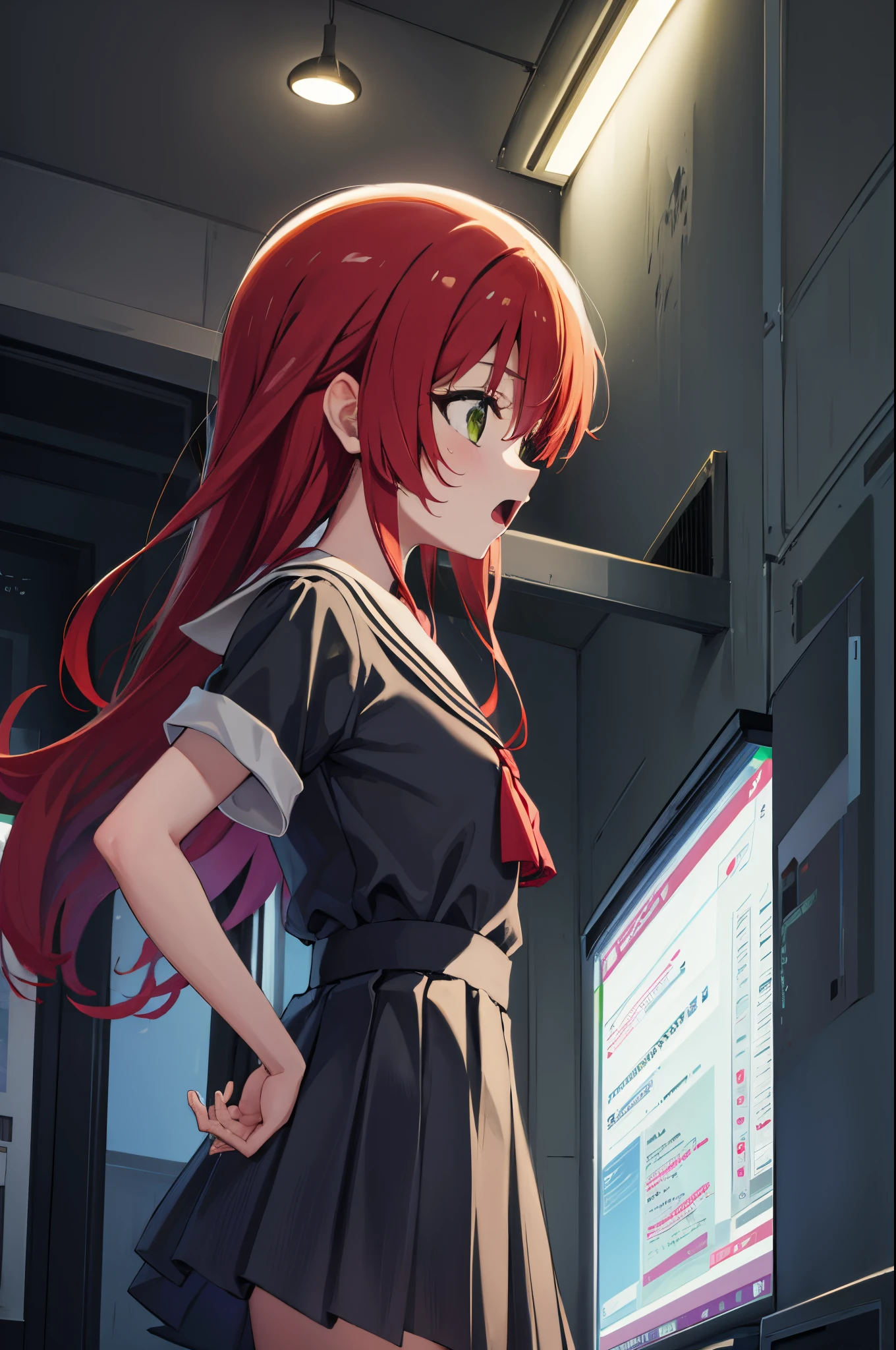 kitaikuyo, ikuyo kita, (green eyes:1.5), hair between eyes, long hair, one side up, red hair, (flat chest:1.2),
BREAK black footwear, black skirt, grey sailor collar, pleated skirt, sailor collar, school uniform, shoes, short sleeves, shuka high school uniform, skirt,,
BREAK looking at viewer,
BREAK indoors, classroom,
BREAK (masterpiece:1.2), best quality, high resolution, unity 8k wallpaper, (illustration:0.8), (beautiful detailed eyes:1.6), extremely detailed face, perfect lighting, extremely detailed CG, (perfect hands, perfect anatomy),up chest.big breasts.Sad face.open mouth.put hands on the hip.Looking from the side