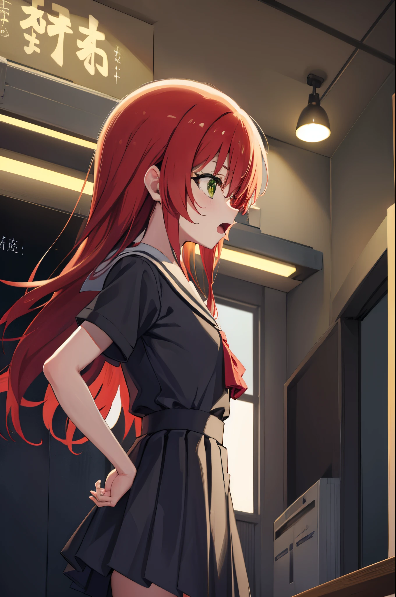 kitaikuyo, ikuyo kita, (green eyes:1.5), hair between eyes, long hair, one side up, red hair, (flat chest:1.2),
BREAK black footwear, black skirt, grey sailor collar, pleated skirt, sailor collar, school uniform, shoes, short sleeves, shuka high school uniform, skirt,,
BREAK looking at viewer,
BREAK indoors, classroom,
BREAK (masterpiece:1.2), best quality, high resolution, unity 8k wallpaper, (illustration:0.8), (beautiful detailed eyes:1.6), extremely detailed face, perfect lighting, extremely detailed CG, (perfect hands, perfect anatomy),up chest.big breasts.Sad face.open mouth.put hands on the hip.Looking from the side