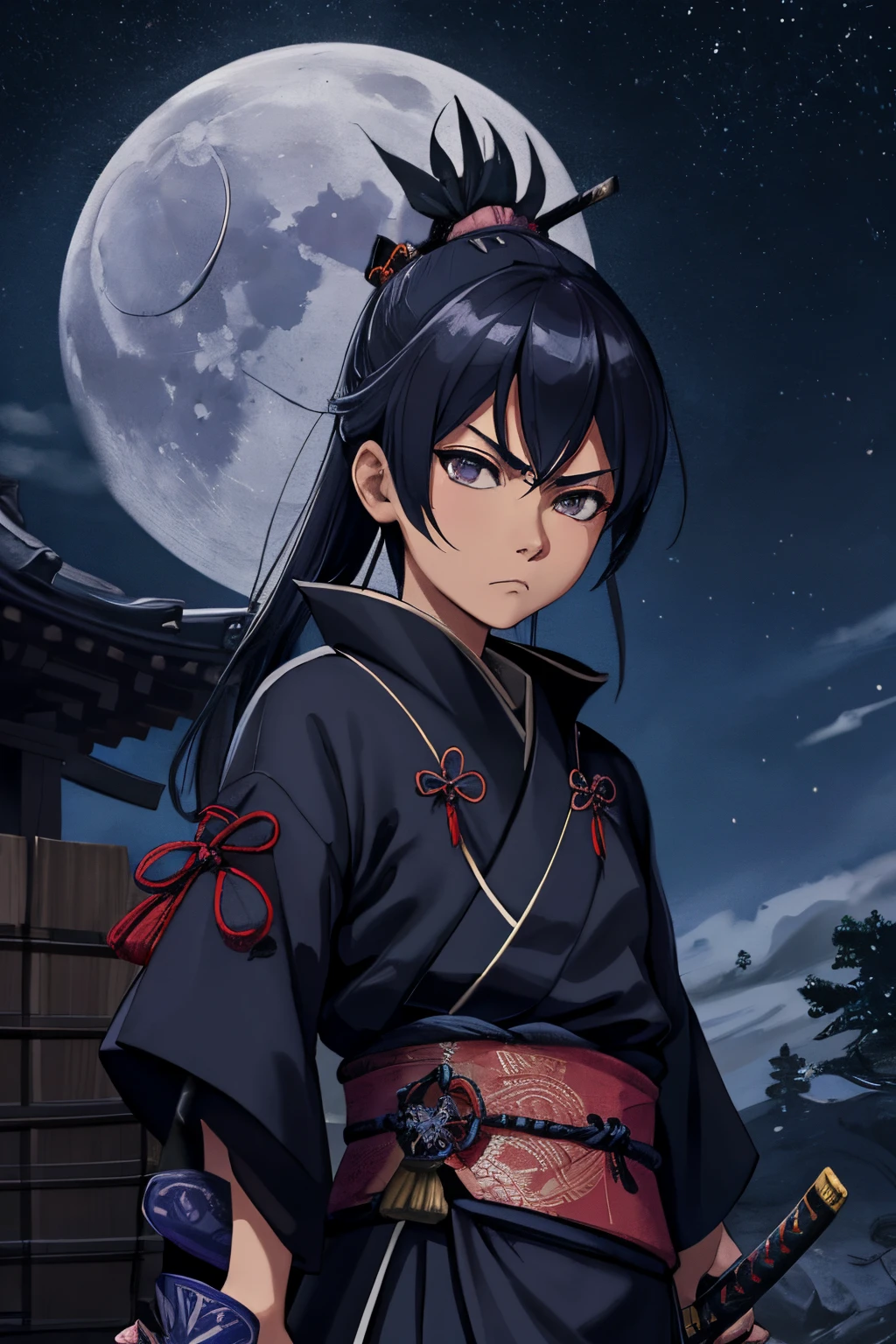 Samurai azul ,caminando en un pueblo,cielo nocturno,luna llena, (Armadura detallada,Katana detallada),(mirada intensa,stoic expression),[Paisaje majestuoso],[aura poderosa],[Experiencia inolvidable]