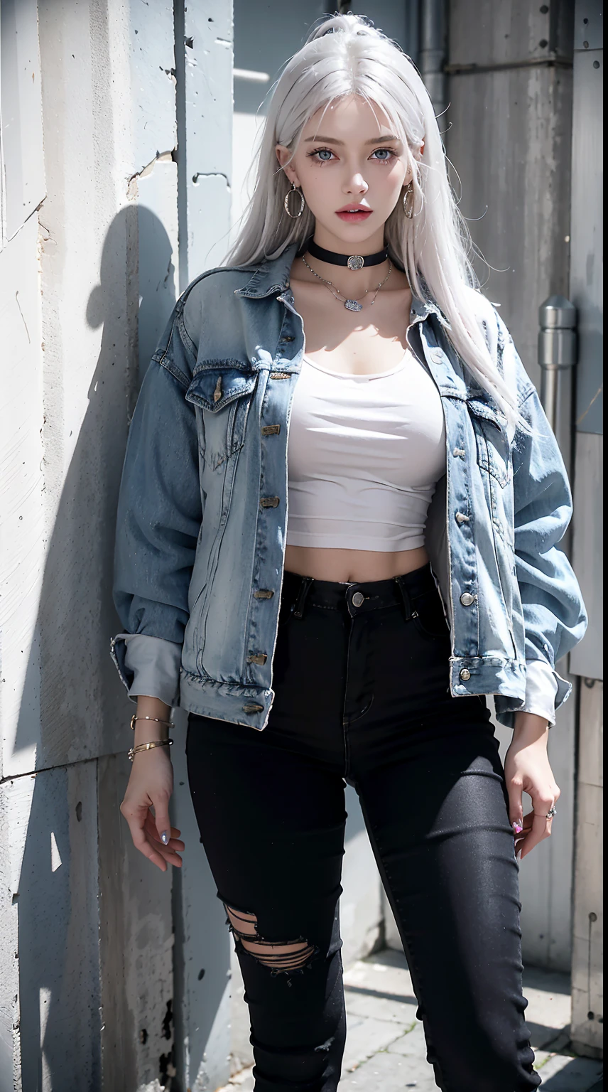 photorealistic, high resolution, 1women, shining skin, solo, jewelry, pink lips, long white hair, blue eyes, closed mouth, hips up,distressed denim jacket with patches and pins, paired with black skinny jeans, Accessories: silver hoop earrings and a black choker necklace, Hanging out in an underground music venue or street art exhibit