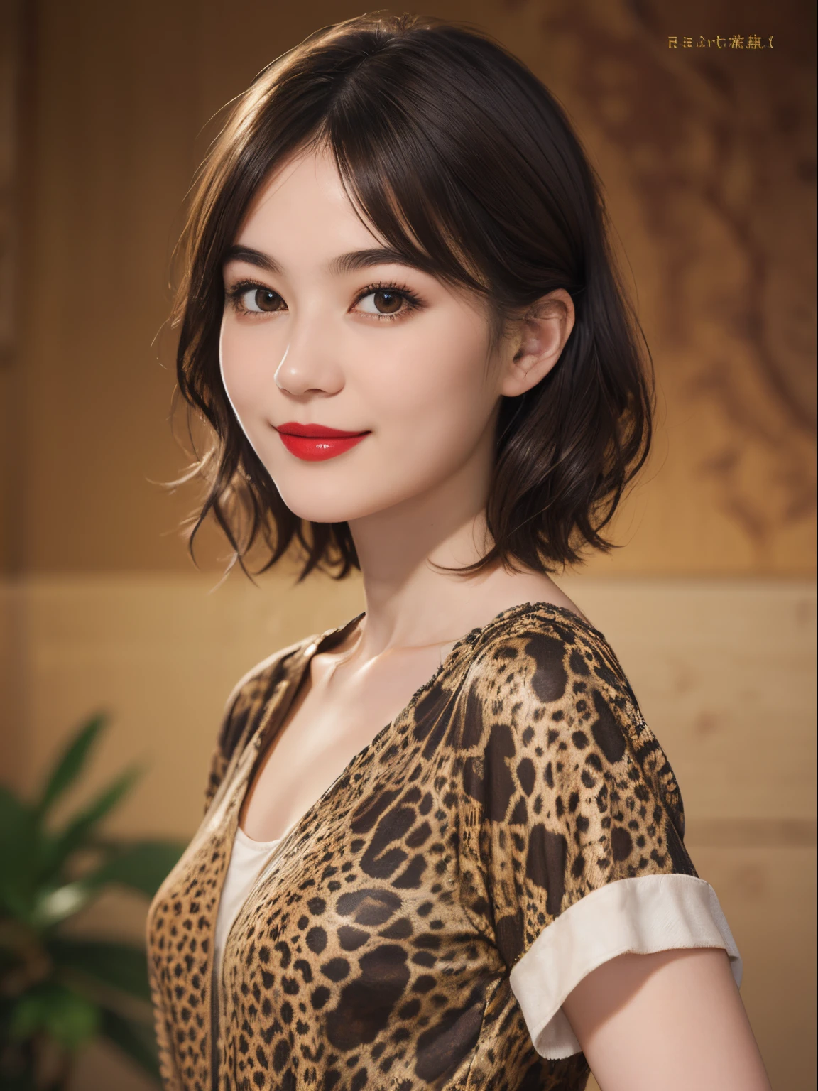 113
(a 20 yo woman,is standing), (A hyper-realistic), (high-level image quality), ((beautiful hairstyle 46)), ((short-hair)), (Gentle smile), (brest:1.1), (wild animal print clothing), (There is a chameleon), (lipsticks)