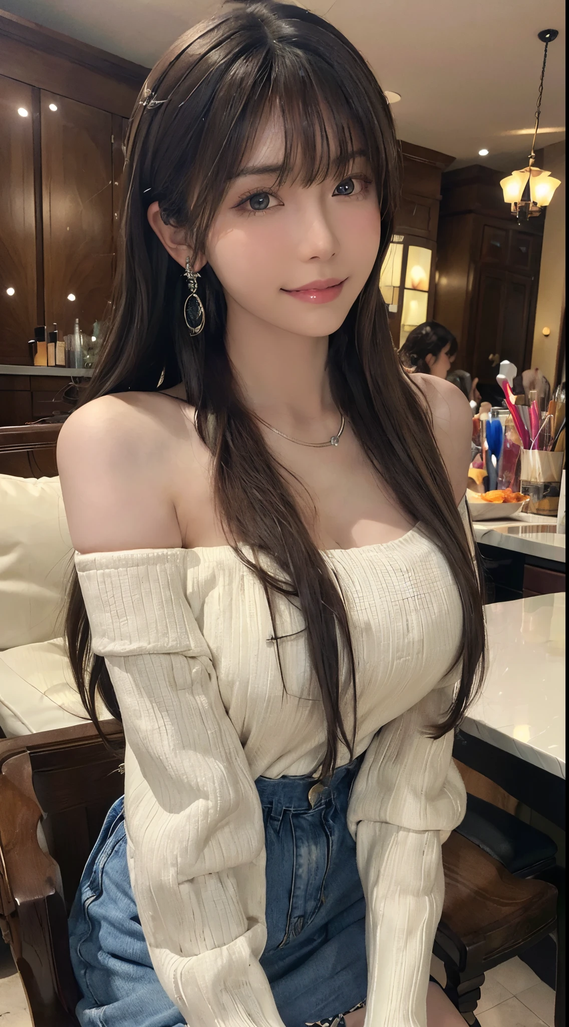 ((32K, top-quality:1.5, ​masterpiece, 超A high resolution, Photorealsitic)), 1girl in, 22year old, early afternoon, Nagoya City, Highly detailed facial and skin texture:1.2, (at the cafe, sitting and having coffee:1.3), (See-through color shawl dress:1.3, Sheer feeling, Fenimine), Huge chest on the verge of bursting:1.3, Ultimate Cute Face:1.1, Silver necklace and silver earrings, blurry backround, Cute