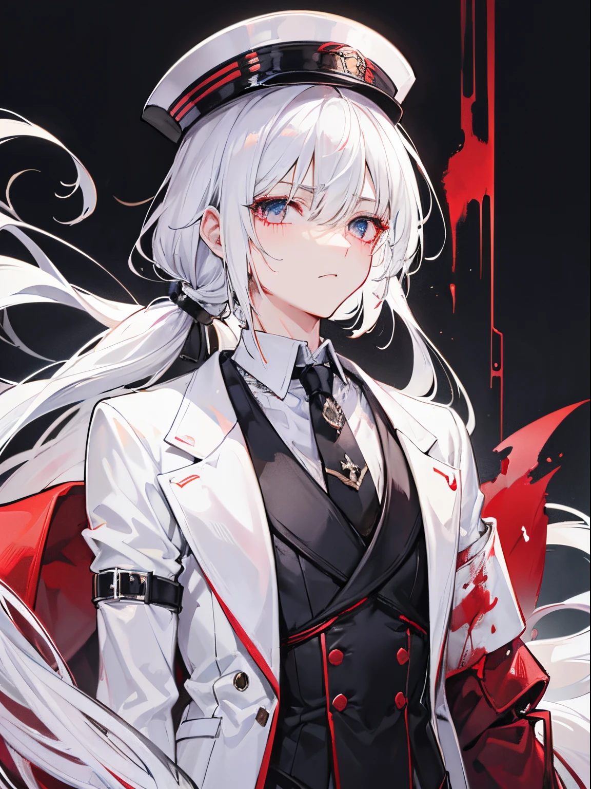 male in his 20s、white  hair、poneyTail、tailcoat、neck tie、Hats、Injured、Clothes are torn、Bandage on the arm、Blood all over the body、grim facial expression、Decadent background