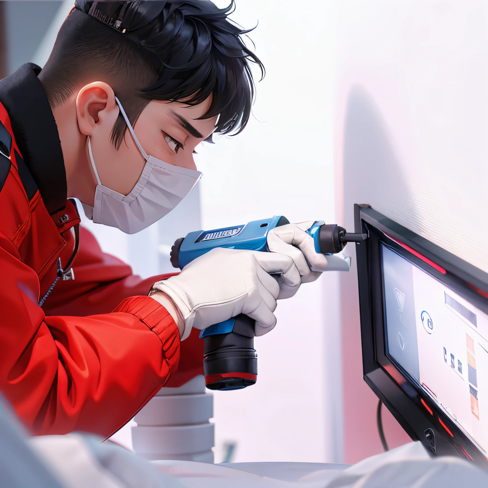 Winters，Korean adult male，a repairman，Wear a red long-sleeved jacket in winter，Handheld electric drill，Install TV bracket