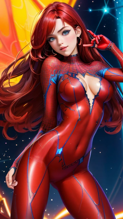 (best quality, masterpiece, colorful, dynamic angle, highest detailed) upper body photo, fashion photography of cute, j. scott campbell, mary jane watson, red hair, torn spiderman suit,(ultrahigh resolution textures), in dynamic pose, bokeh, glowing web, (intricate details, hyperdetailed:1.15), detailed, light passing through hair, colorful art flat background(official art, extreme detailed, highest detailed), calmart, revealing clothes, coquettish, black streaks in hair, living clothes, shiny skin, dripping in fluids, sticky fluids on skin,