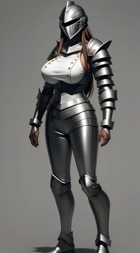 1girl full body, standing straight, looking to the viewer, full body armor, big breast chestplate silver armor, silver helmet, silver bracers, long hair, white skin, thighs, crossing legs, 1solo milf woman,chestplate, bedroom background