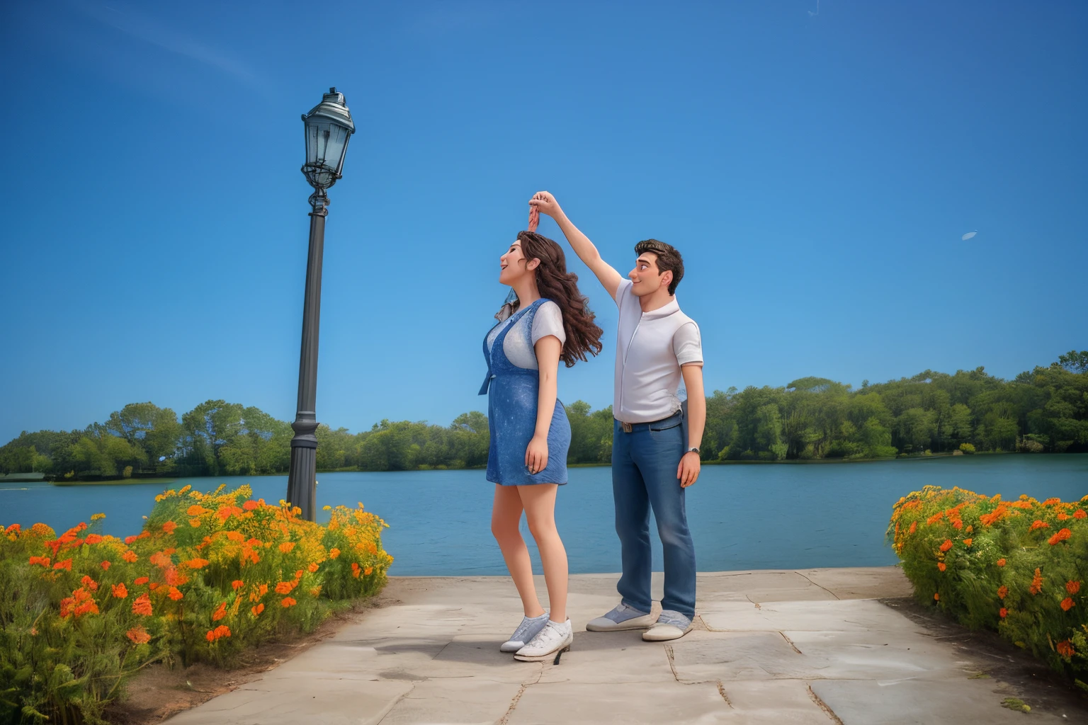 Photo session overlooking a lake, couple dancing in love