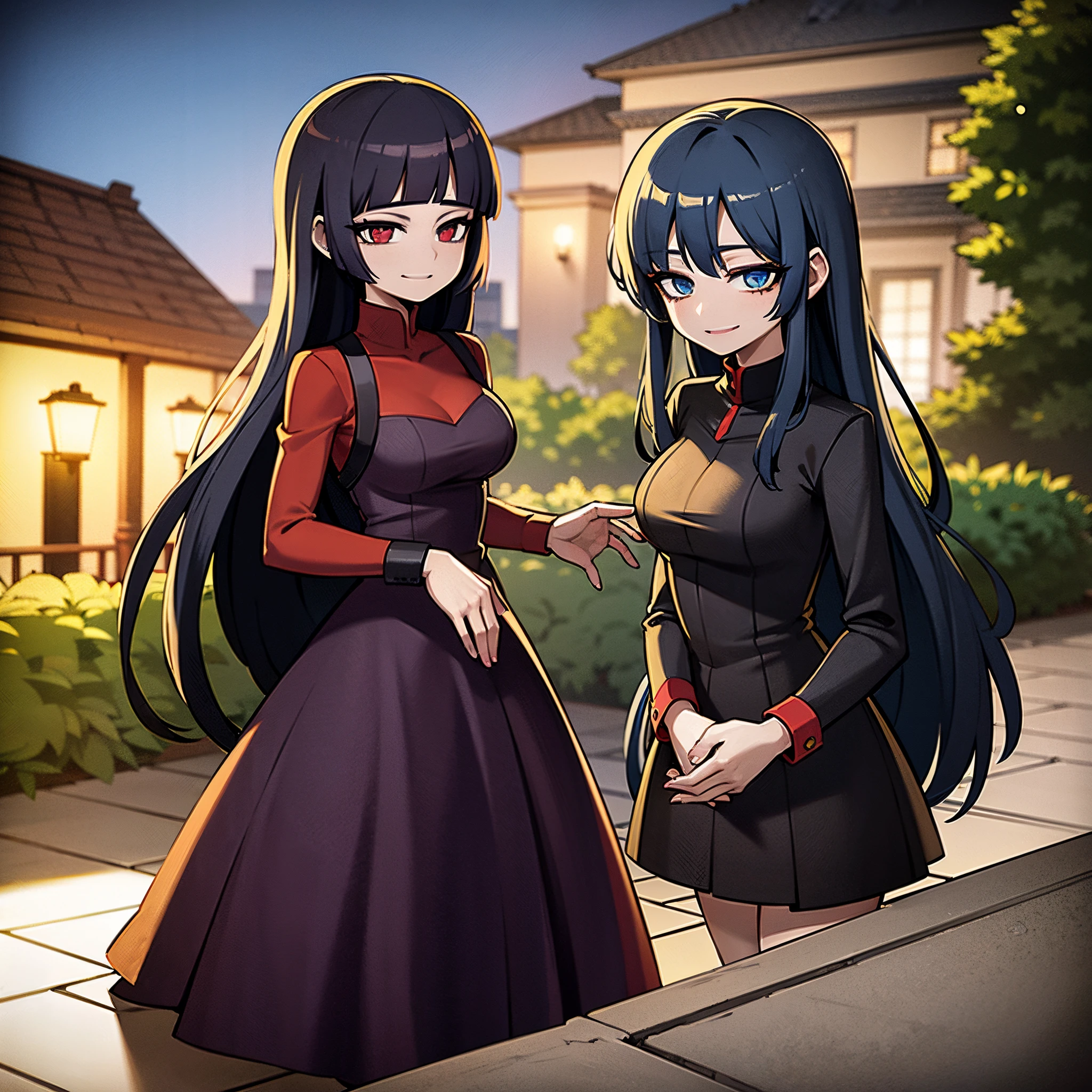 1Young woman, anime, dark blue hair, red shinning eyes, maid dress, black dress, smiling, in a garden, night, blue moonlight behind, mansion behind, beautiful atmosphere, 4k, masterpiece, highlights,