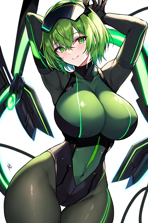Green hair, bodysuit, short hair, tech, futuristic, science-fiction, neon trim, short hair, pantyhose, breasts, large breasts, 1girl, arms behind back, hands behind head, arms up, arms behind head, thick thighs, wide hips, anime screencap, smile, mind control, hypnosis, head-mounted display, vr visors, visors, covered eyes, swaying hips, hips sway, hip sway, sway, swaying, bouncing breasts, wires,