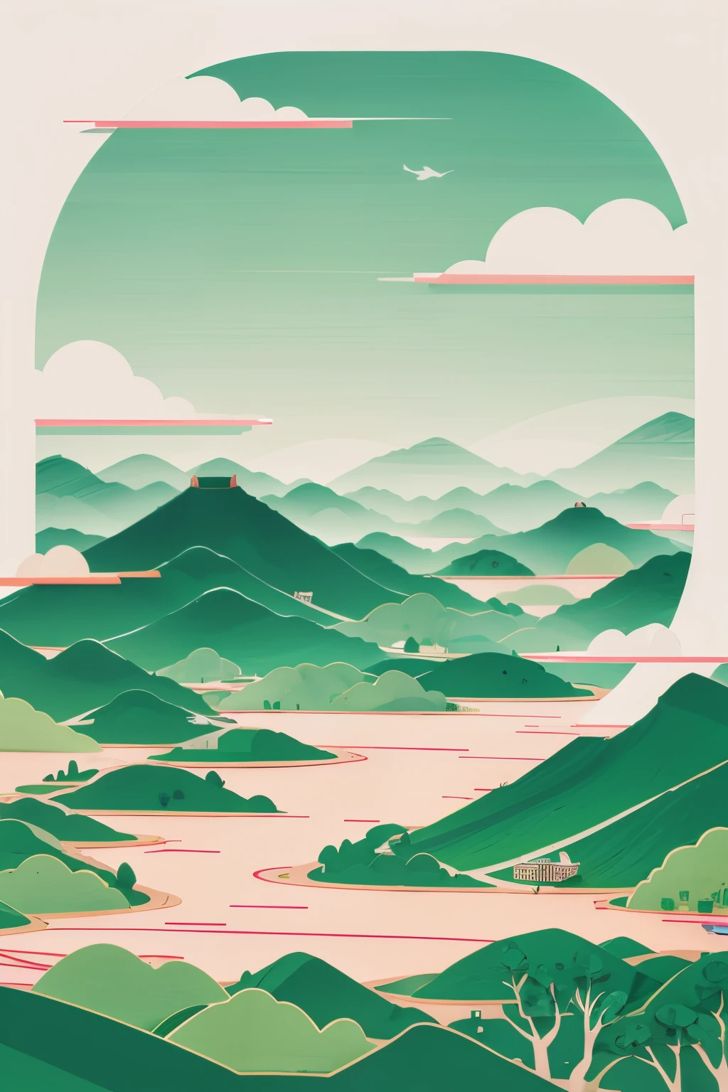 Paper cut style,Three-dimensional feeling,Pavilions,Green landscape