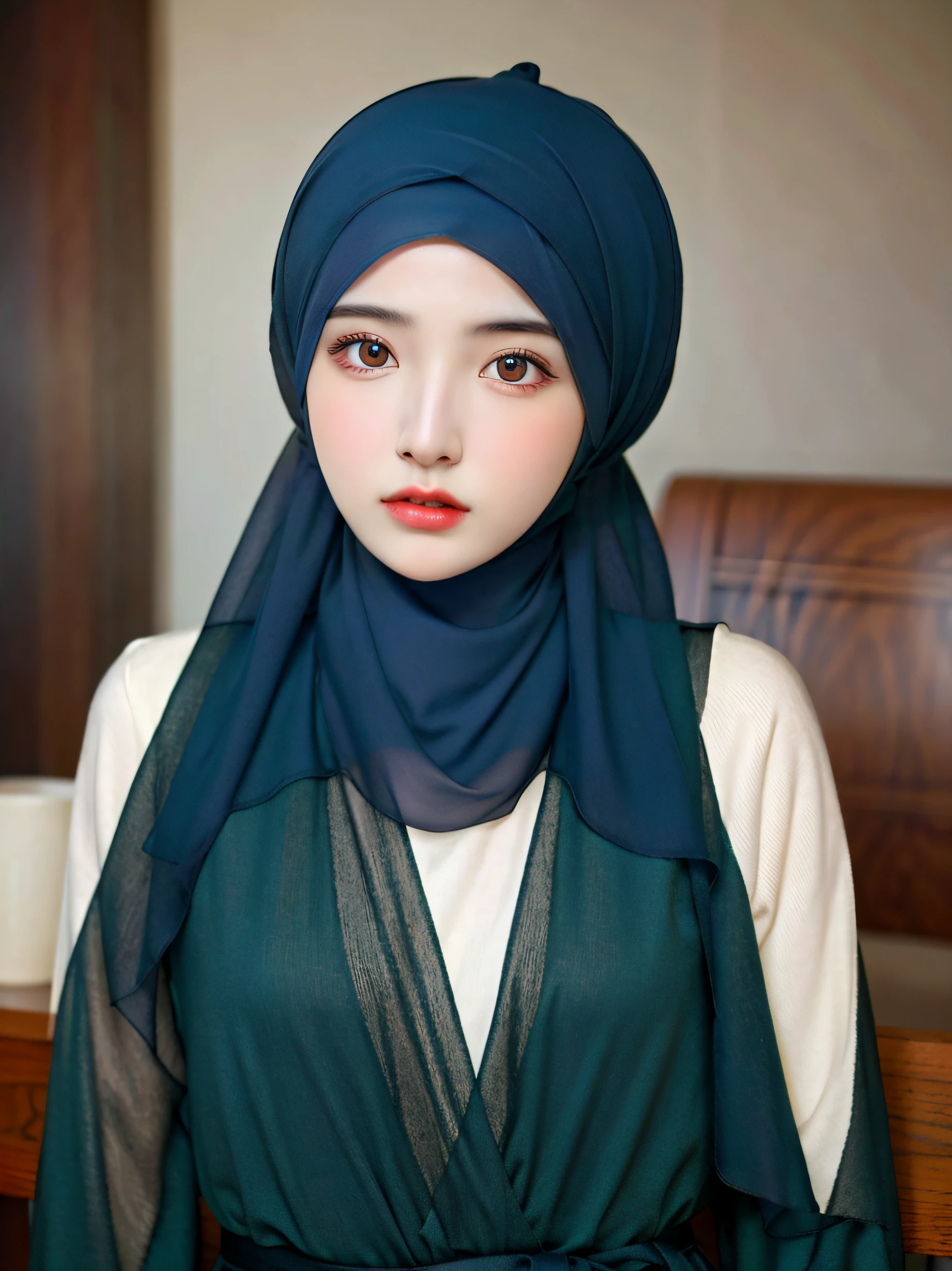 best quality, masterpiece, highres, (moslem female dress:1.4), necklace, Beautiful face, (upon body from head to waist:1.37), tyndall effect, photorealistic, dark studio, rim lighting, two tone lighting, 8k uhd, dslr, soft lighting, high quality, volumetric lighting, candid, Photograph, high resolution, 4k, 8k, Bokeh, (hyperrealistic girl), (illustration), (high resolution), (extremely detailed), (best illustration), (beautiful detailed eyes), (best quality), (ultra-detailed), (masterpiece), (wallpaper), (photorealistic), (natural light), (rim lighting), (detailed face), (high detailed realistic skin texture), (anatomically correct), (solo), (1 girl), (heterochromic eyes), (detailed eyes), (sparkling eyes), (long legs), (dynamic pose), (concentrated expression), (wearing hijab:1.4), (moslem headscarf:1.37), reading glasses.