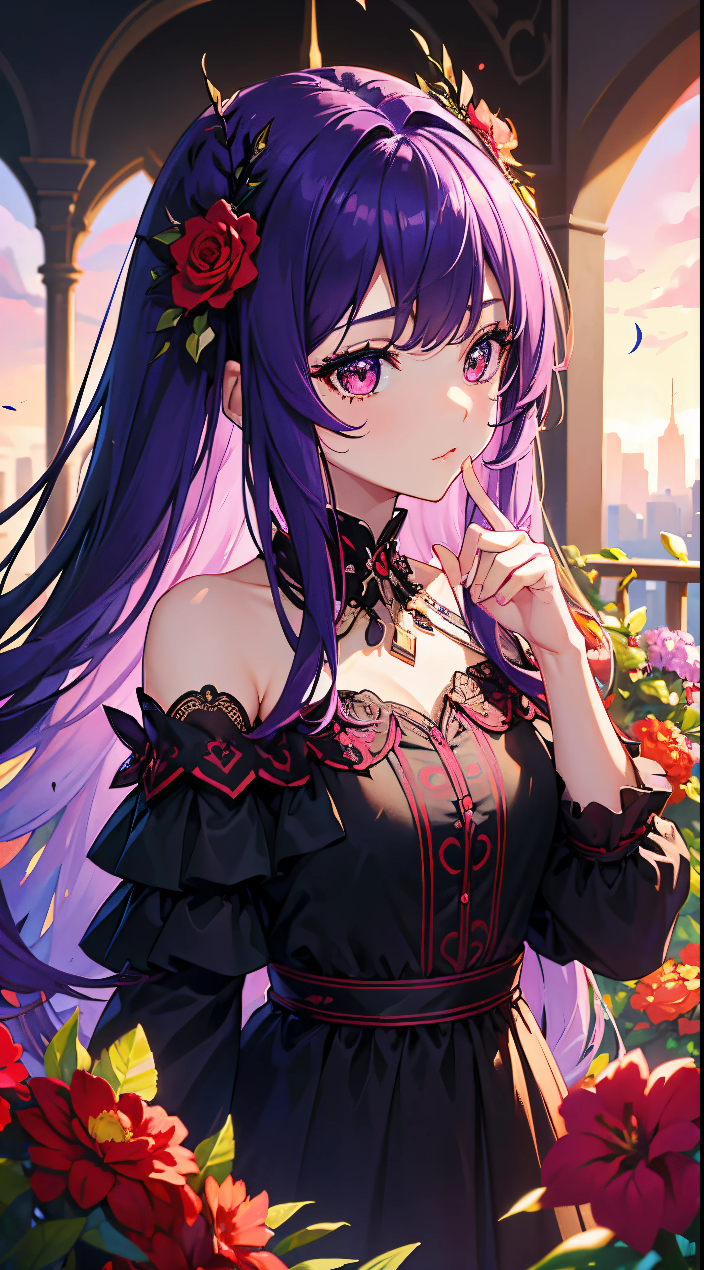 (highest quality:1.2, Very detailed, up to date, Vibrant, Ultra-high resolution, High Contrast, masterpiece:1.2, highest quality, Best aesthetics), Portraiture、girl、keyboard player、stage、performance、Rock Music、Bright colors、Beautiful fine details、Beautiful lip detail、long hair、black and purple ((streaked hair:1.6)), highlights hair: 1.5, brown eyes, slim body, (small breast:0.7), Music band、Cheerful pose、Concert Light、Edgy Style、(colorful Cheongsam:1.2), (no sleeve:1), Dynamic Movement、hypnotic sounds、Stadium、amplifier、Loud music、(playing keyboards:1.6), (Floral Fineline tattoo design on left arm:1), Passionate performance、Sparkling stage、Concert atmosphere、Music Festival、Full of emotion、Rock star attitude、Resolute expression、Avid Fan、The presence of an attractive stage、 Expressive gestures、Rock star aura、An exciting atmosphere、Sing with all your heart、An unforgettable show, closs earing, cowboy shot