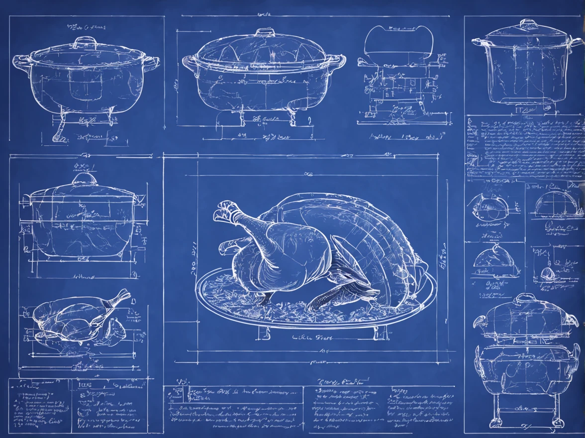 a highly detailed hyper realistic antic blueprint of how to cook turkey, bl3uprint,