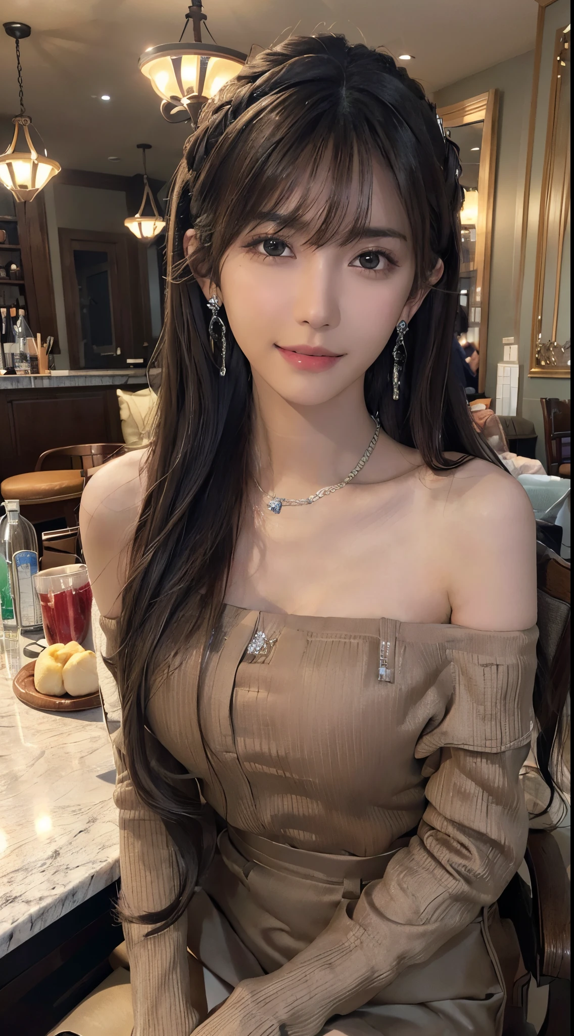 (Ultra Real), (Illustration), (High Resolution), (8K), (Very Detailed), (Best Illustration), (Beautiful and Detailed Eyes), (Best Quality), (Ultra Detailed), (Masterpiece), (Wallpaper), (Detailed Face), Solo, One Girl, Full Body, Staring Viewer, Fine Eyes and Mouth, Detailed Face, Bar Counter, In the Dark, Low Key, pureerosfaceace_v1, Smile, Long Hair, dark blonde straight hair, bangs, sitting in a chair, beautiful teeth, blushing cheeks, enchanted look, complex off-shoulder clothes, miniskirts, earrings, necklaces,