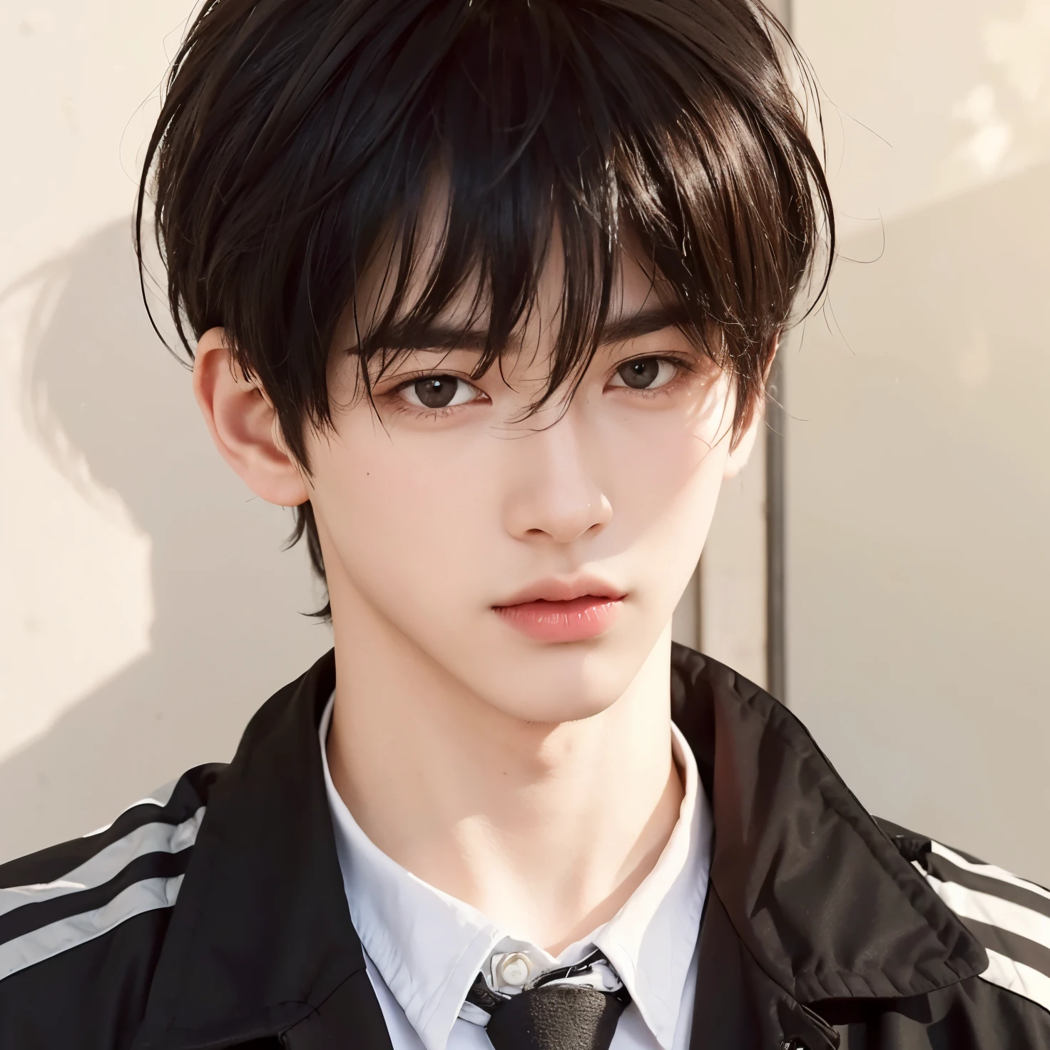 A boy with short, realistic black hair, (same realistic hairstyle), realistic handsome face, realistic cool expression, adapts the same realistic clothes,realistic light, realistic shadows, realistic background, good image quality, very good image results, 4k, ultra detail, realistic