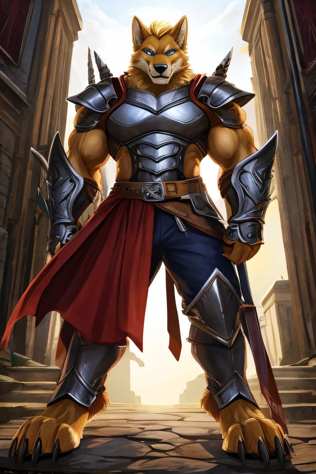 He is Valkan Frostclaw, a lupine warrior and adventurer. Standing at an impressive 6'8" with a robust physique, he wears comfortable clothes, making the most of the freedom provided by his light armor. Bronze pauldrons rest atop his frame, along with a hoplon helm to shield his skull from enemy attacks. Gauntlets and iron greaves cover his hands and feet.

His face is distinctly lupine, wide and majestic, featuring sharp-toothed jaws and golden fur concealing his pale skin. His visage boasts a well-defined jawline, slender lips, and a generally masculine profile. Regular blue eyes allow him to navigate his surroundings effortlessly. Short, golden hair is accompanied by a pair of pointed wolf ears. His bestial mouth houses a flat tongue that often drips with slobber.

His humanoid upper body, covered in a layer of golden fur, includes muscular arms and hands tipped with thick, canine claws. Flared hips complement his trim, lithe body, while a fuzzy golden wolf-tail sprouts just above his nicely muscled rear end. Digitigrade legs end in large, bestial feet with sharp canine claws. His rock-hard midriff reflects the results of a good diet and steady conditioning.

He boasts a sleek, tight featherweight's six-pack and a defined chest, each capped with a 0.3-inch nipple. The average-sized areolae are a pink hue.