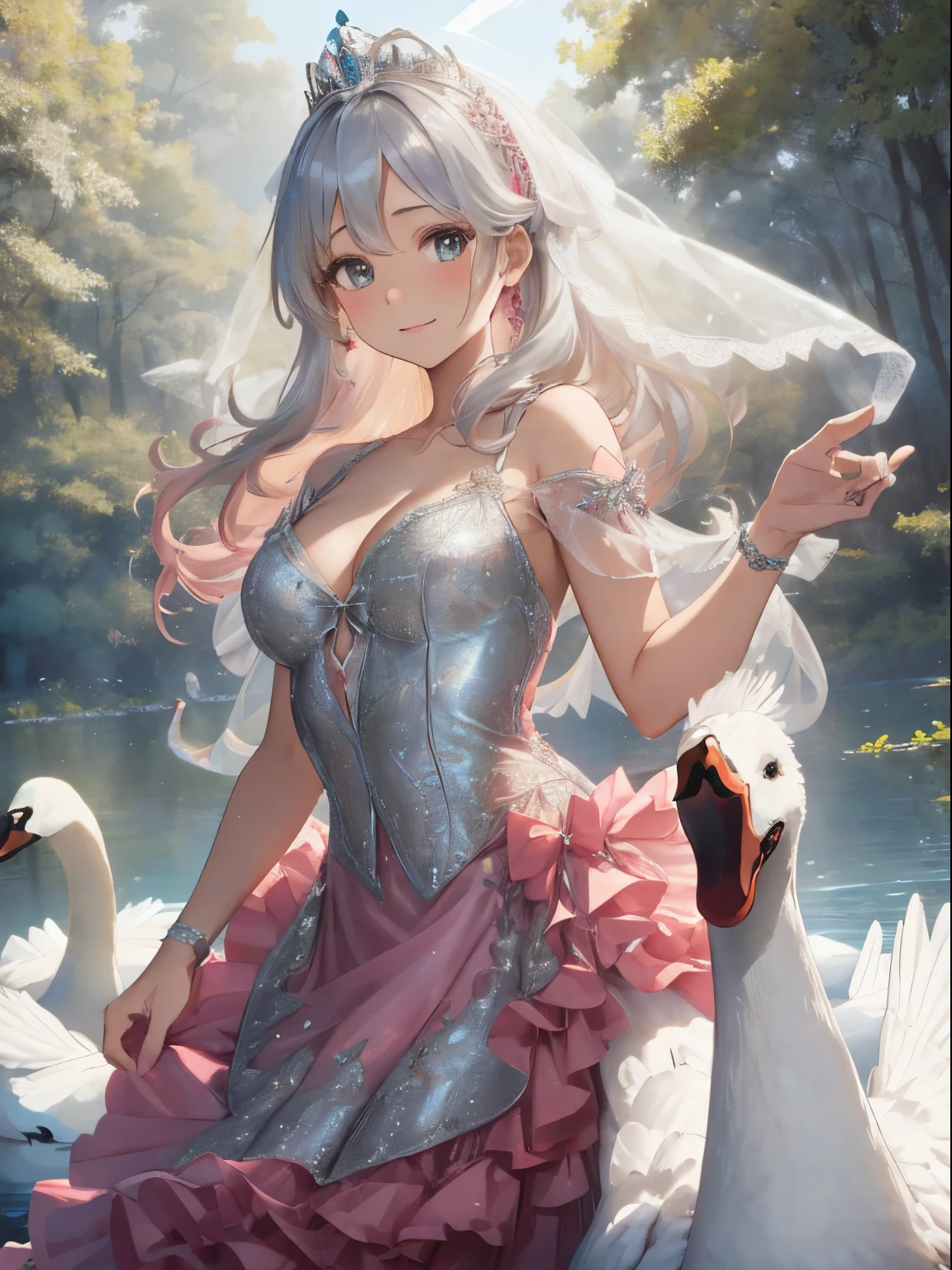In a forest full of fantastic light,small lake,11 swans,A small crown rests on a swan'Head of,The human princess in the middle,fluffy and voluminous hair,silver mixed hair, Light pink and light green,Pure white, glinting, A voluminous dress with frills on the chest,The hem of the dress is long enough to reach the ground.,Her chest is wide open and you can see her cleavage.,Dancing happily with the surrounding swans,Slight red tide,A smile,A silver shining tiara,Translucent veil,