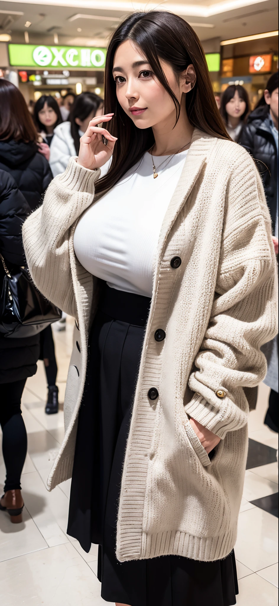 The most beautiful mom in the Japan(Giant body)、The outerwear is a gray chester coat、The inner layer is a white knit sweater、Black flared skirt、Shopping at the mall、looking in camera、Too large breasts、top-quality、32k images、masterpiece、Obscene and big breasts、Photos taken with top-of-the-line cameras(Perfect Lighting